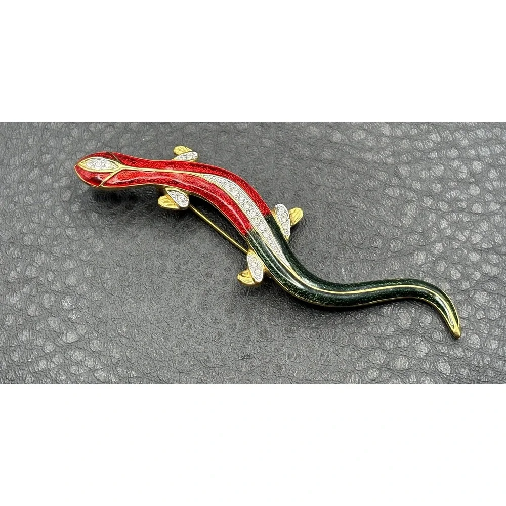 Vintage Red Green Enamel Rhinestone Crystal Lizard Salamander Brooch Pin